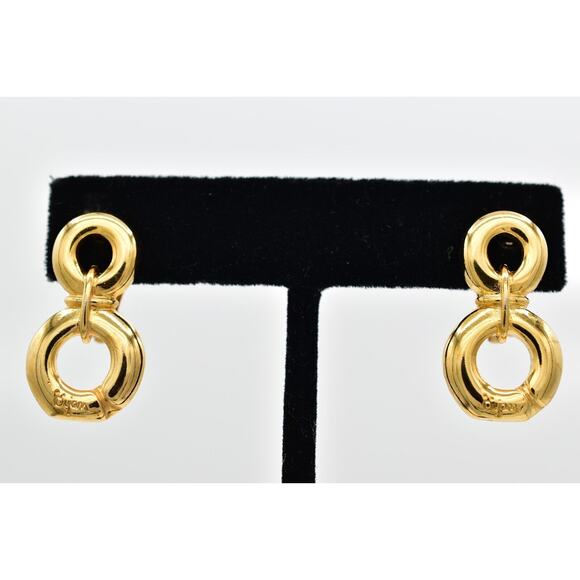 Bijan Vintage Clip On Earrings Chunky Gold Dangle Door Knocker Signed 1980s 9L - Picture 1 of 12